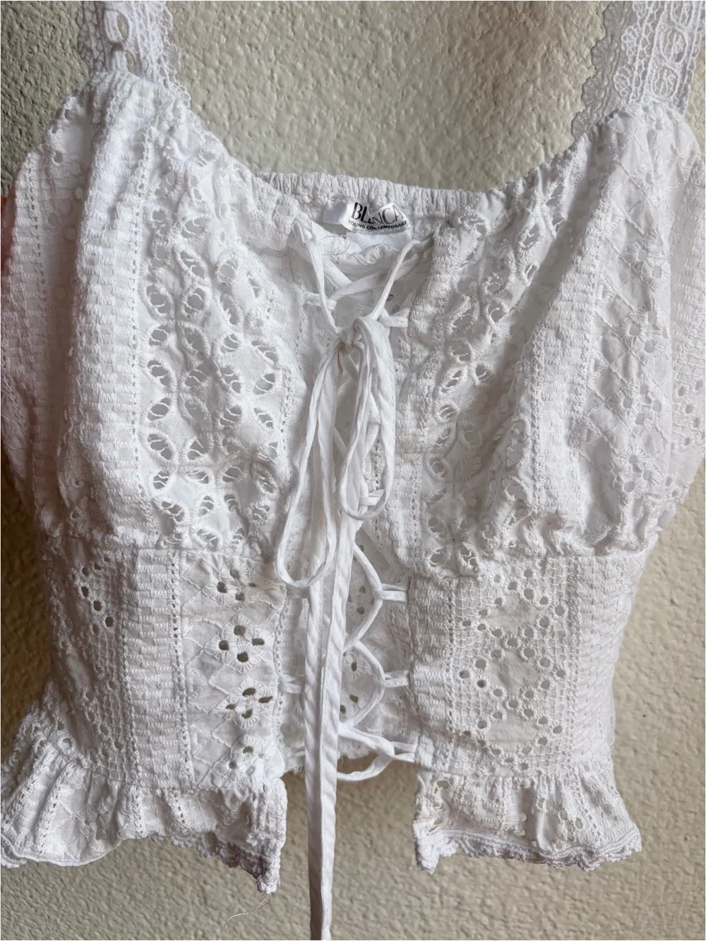 White Cotton Eyelet Peplum Corset Top Medium - Picture 4 of 5